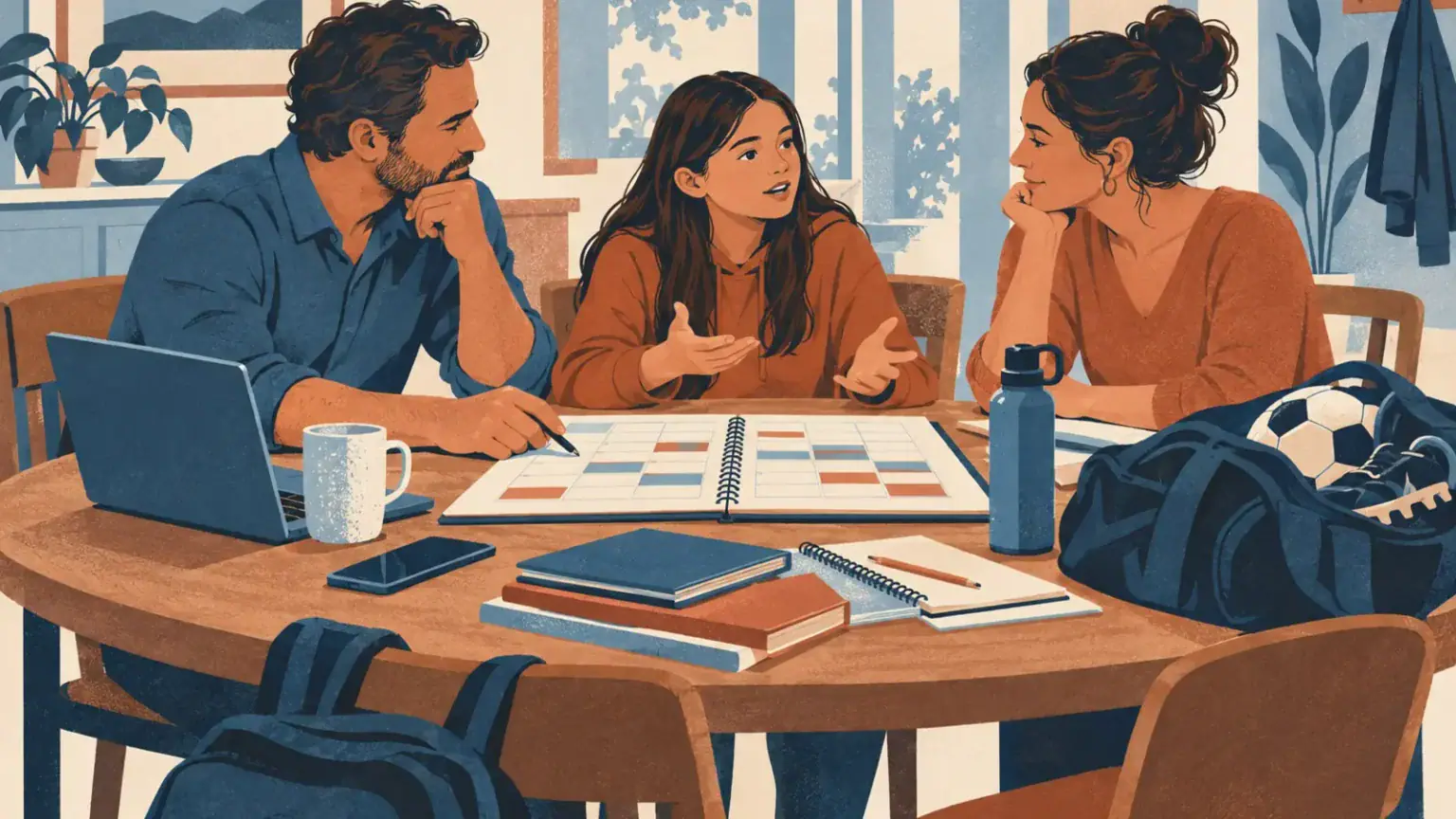 Separated parents and their older child reviewing a calendar, school books and sports schedule