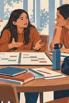 Separated parents and their older child reviewing a calendar, school books and sports schedule