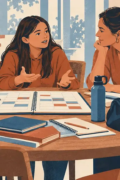 Separated parents and their older child reviewing a calendar, school books and sports schedule