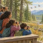 A family watches deer and birds from a boardwalk using binoculars and a camera