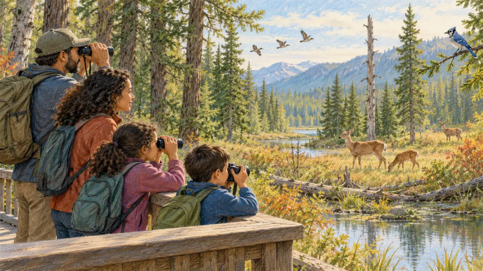 A family watches deer and birds from a boardwalk using binoculars and a camera