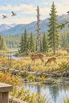 A family watches deer and birds from a boardwalk using binoculars and a camera
