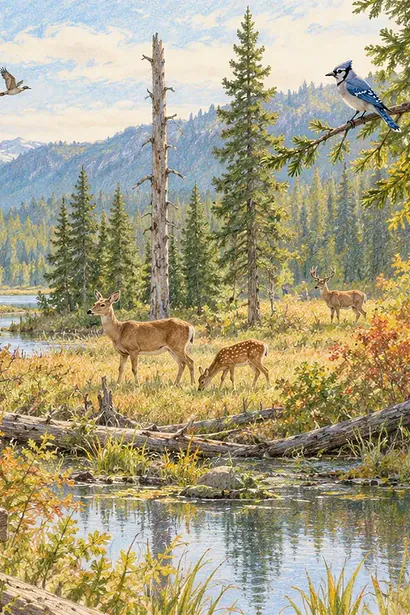 A family watches deer and birds from a boardwalk using binoculars and a camera