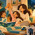 Busy family sharing a short evening story and group high-five among ordinary household tasks