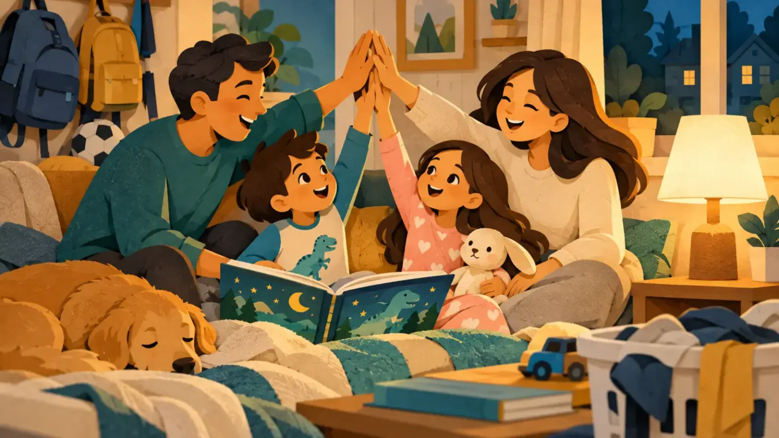 Busy family sharing a short evening story and group high-five among ordinary household tasks