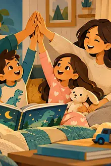 Busy family sharing a short evening story and group high-five among ordinary household tasks