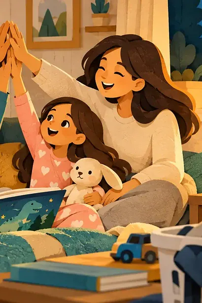 Busy family sharing a short evening story and group high-five among ordinary household tasks