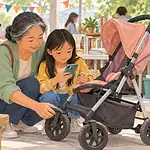 Grandmother and child checking the wheels and product label on a secondhand stroller