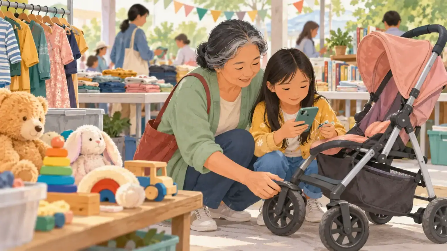 Grandmother and child checking the wheels and product label on a secondhand stroller