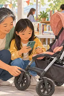 Grandmother and child checking the wheels and product label on a secondhand stroller