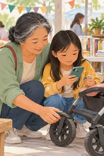Grandmother and child checking the wheels and product label on a secondhand stroller