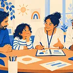 Two parents speaking calmly with a teacher and health professional about a child support plan
