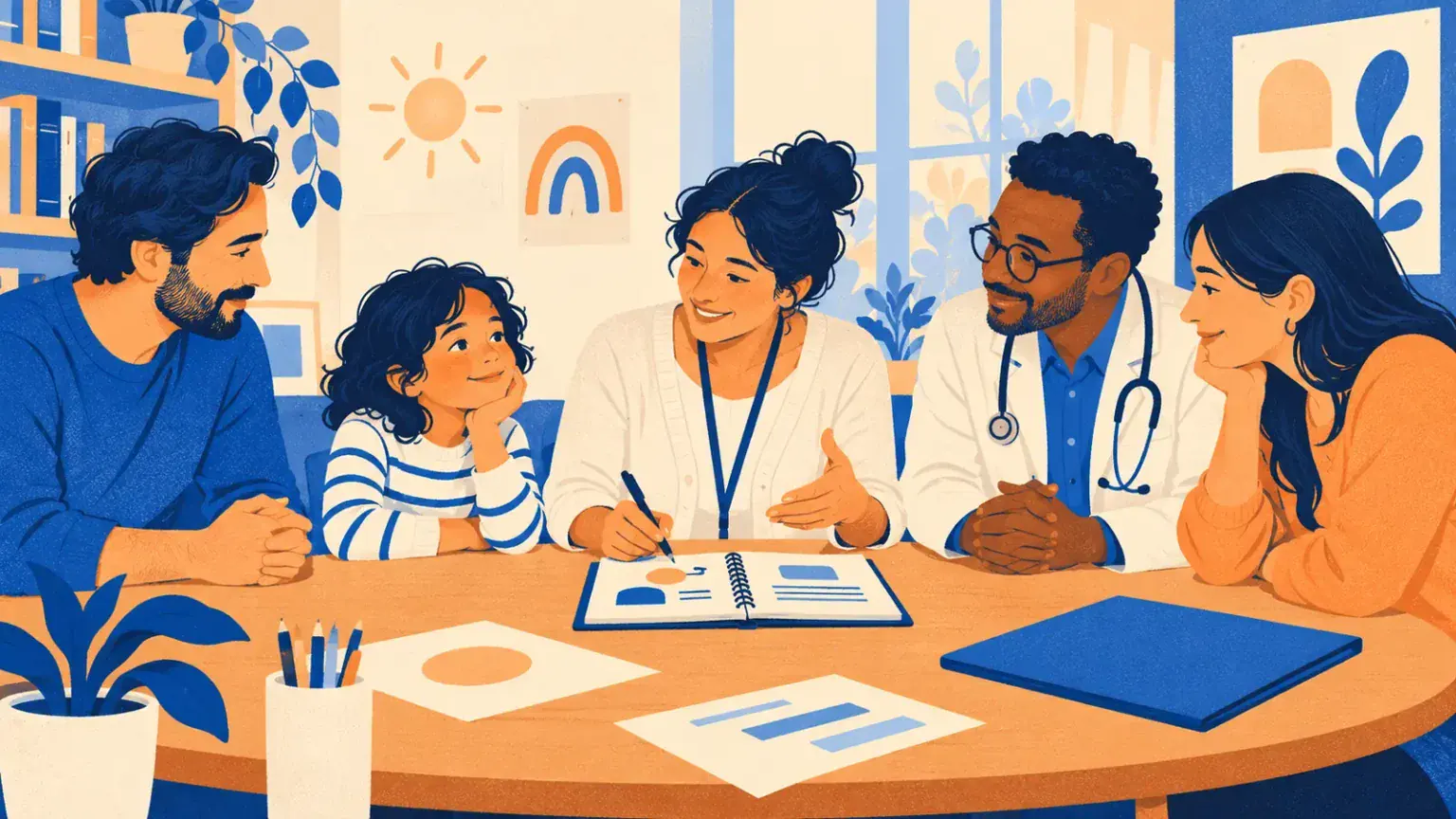 Two parents speaking calmly with a teacher and health professional about a child support plan