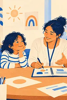 Two parents speaking calmly with a teacher and health professional about a child support plan