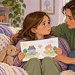 Parent reassuring a worried child who is holding a drawing of their family in two homes