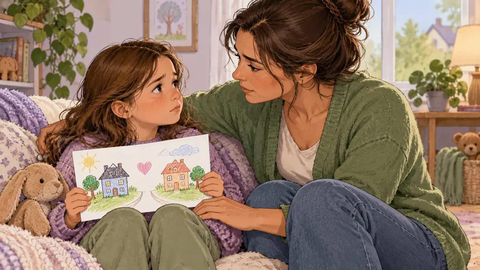 Parent reassuring a worried child who is holding a drawing of their family in two homes