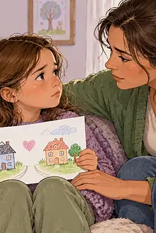 Parent reassuring a worried child who is holding a drawing of their family in two homes