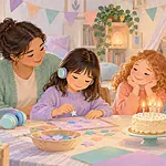 Child enjoying a quiet birthday craft with two friends and a calm caregiver