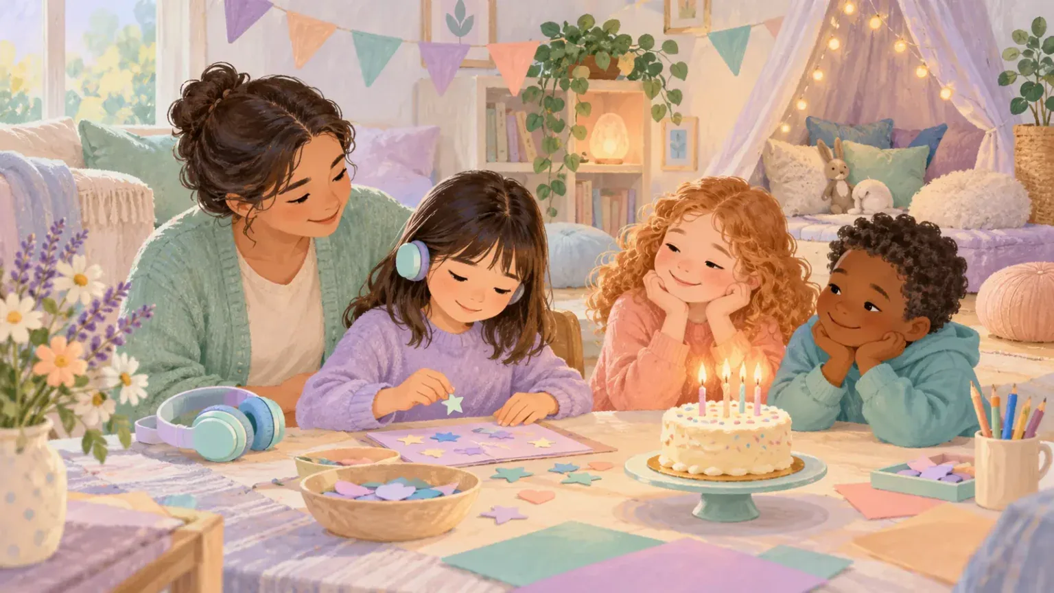Child enjoying a quiet birthday craft with two friends and a calm caregiver