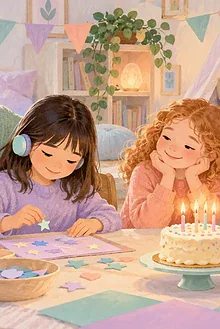 Child enjoying a quiet birthday craft with two friends and a calm caregiver