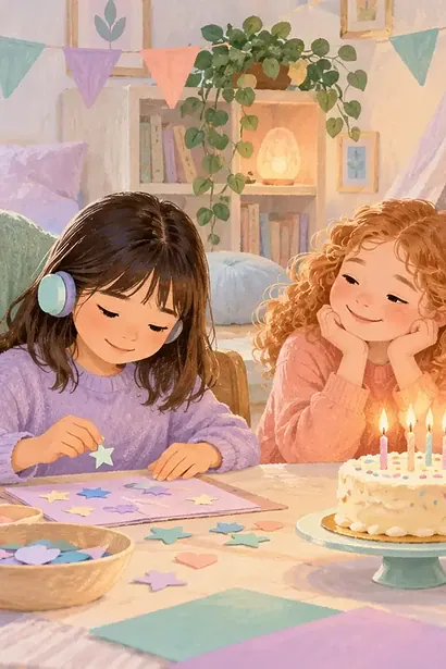 Child enjoying a quiet birthday craft with two friends and a calm caregiver