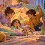 Three siblings of different ages reconnecting while building a blanket fort together