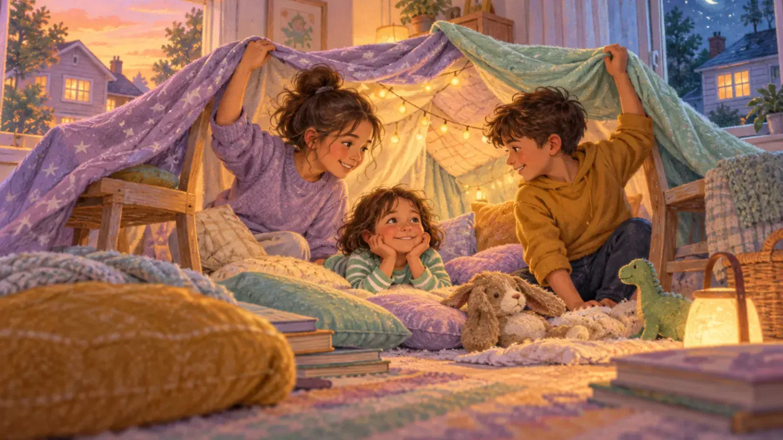 Three siblings of different ages reconnecting while building a blanket fort together