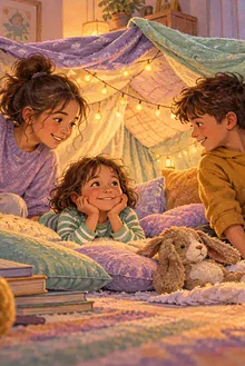 Three siblings of different ages reconnecting while building a blanket fort together