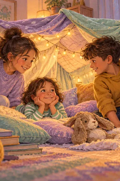 Three siblings of different ages reconnecting while building a blanket fort together