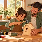 Stepfather and child building a birdhouse together while the child’s mother watches nearby