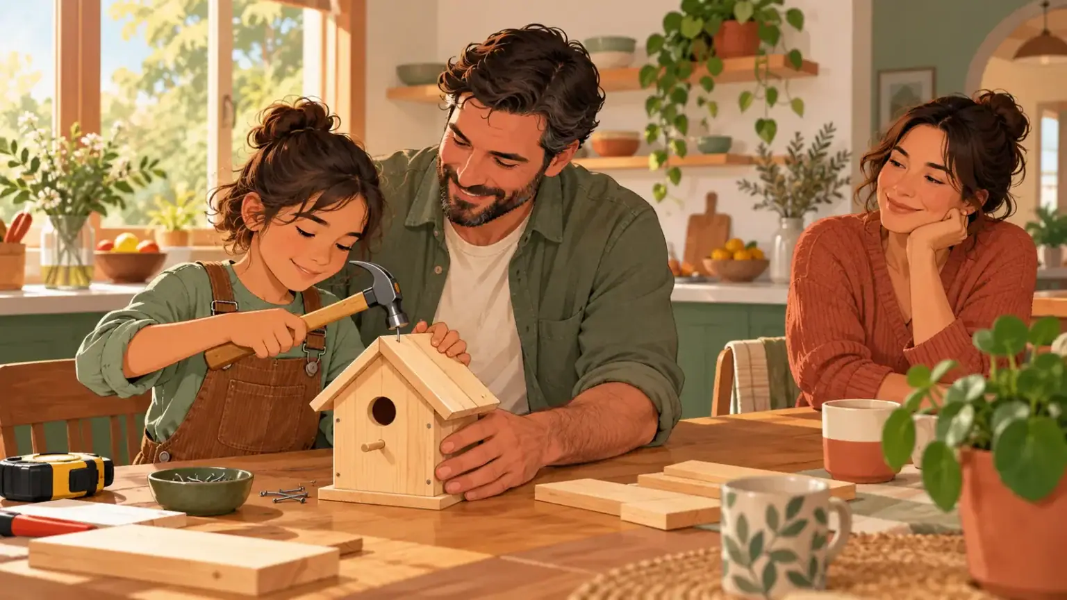 Stepfather and child building a birdhouse together while the child’s mother watches nearby