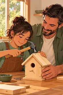Stepfather and child building a birdhouse together while the child’s mother watches nearby