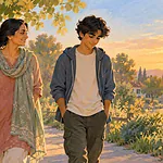 Parent and teenager walking side by side on a quiet tree-lined path