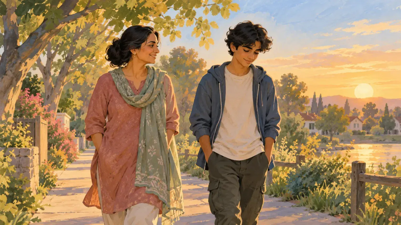 Parent and teenager walking side by side on a quiet tree-lined path