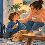 Parent welcoming a tired child home with a snack and quiet space after a family transition
