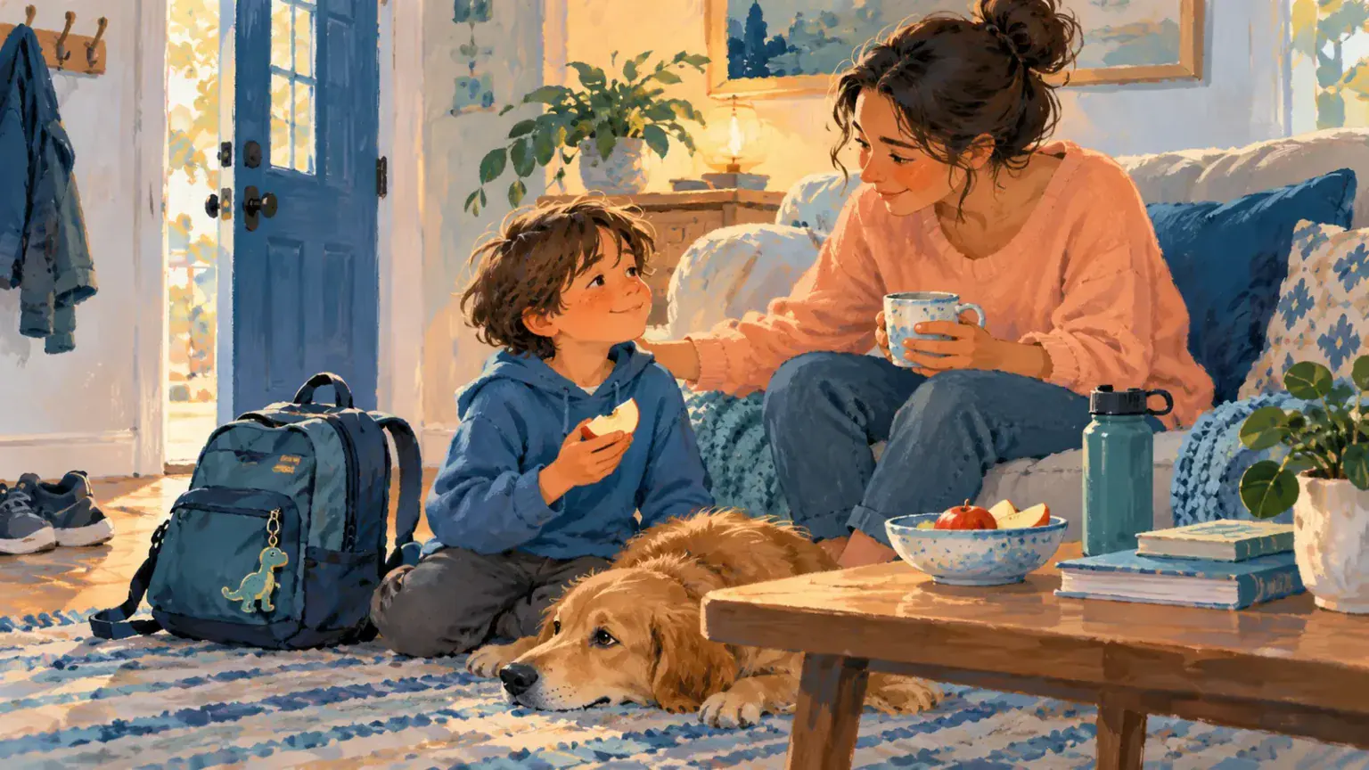 Parent welcoming a tired child home with a snack and quiet space after a family transition