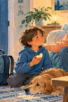 Parent welcoming a tired child home with a snack and quiet space after a family transition