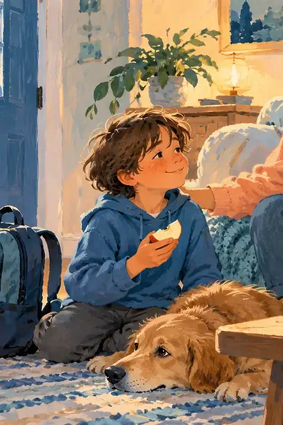 Parent welcoming a tired child home with a snack and quiet space after a family transition