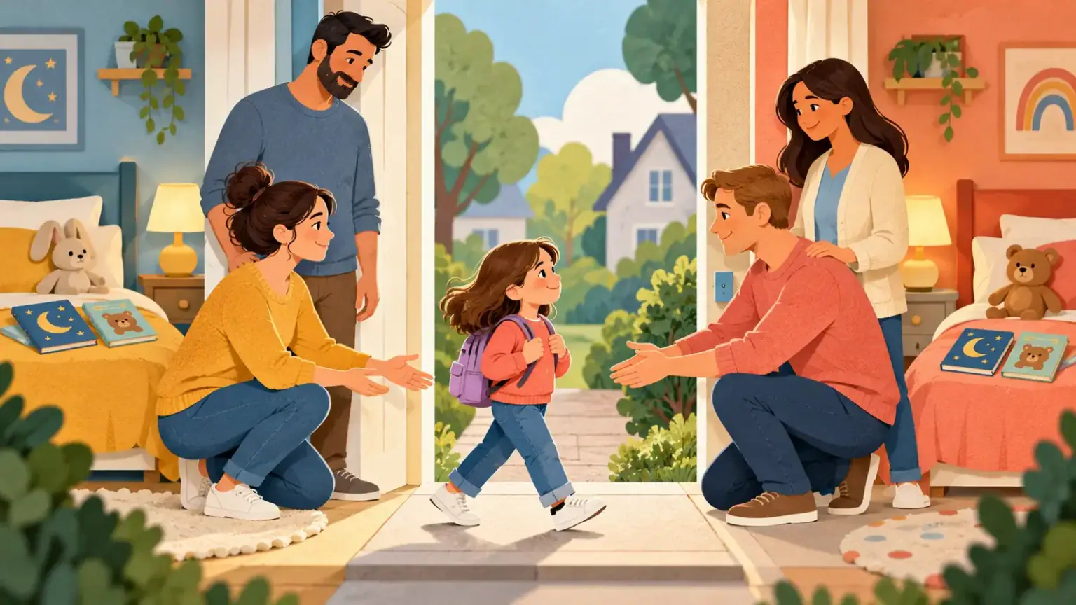 Child arriving at a second home where a parent has prepared a familiar bedtime routine and comfort toy