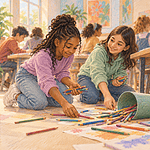 A preteen returns to help gather spilled art supplies after taking a quiet moment to recover.