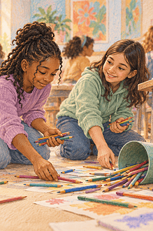 A preteen returns to help gather spilled art supplies after taking a quiet moment to recover.