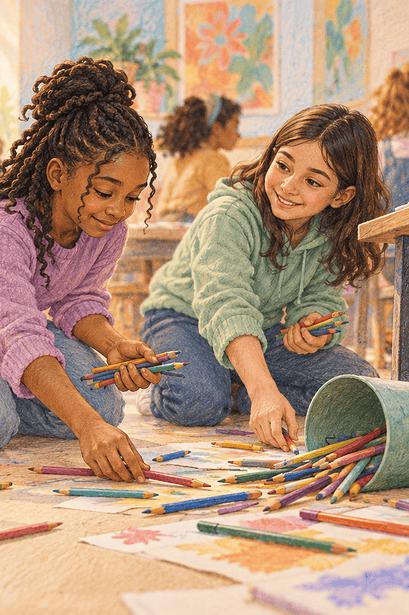 A preteen returns to help gather spilled art supplies after taking a quiet moment to recover.