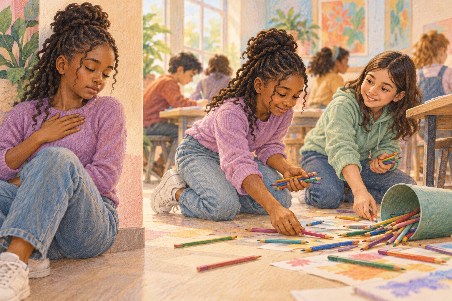 A preteen returns to help gather spilled art supplies after taking a quiet moment to recover.
