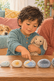 A child and caregiver use five painted weather stones to describe how strongly a feeling is growing.