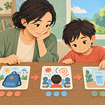 A parent and child arrange three picture cards showing what happened before, during and after a difficult moment.