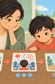 A parent and child arrange three picture cards showing what happened before, during and after a difficult moment.
