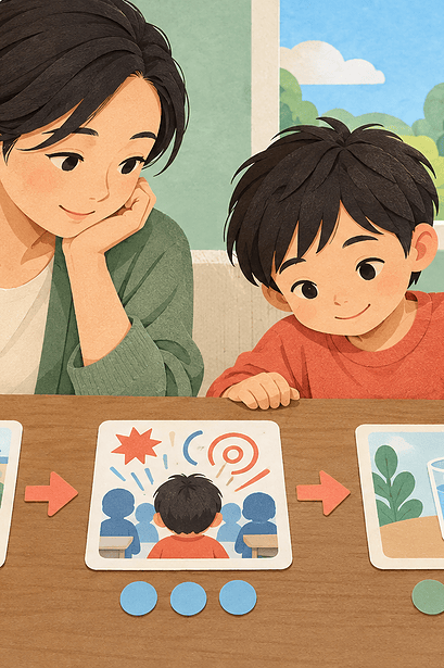 A parent and child arrange three picture cards showing what happened before, during and after a difficult moment.