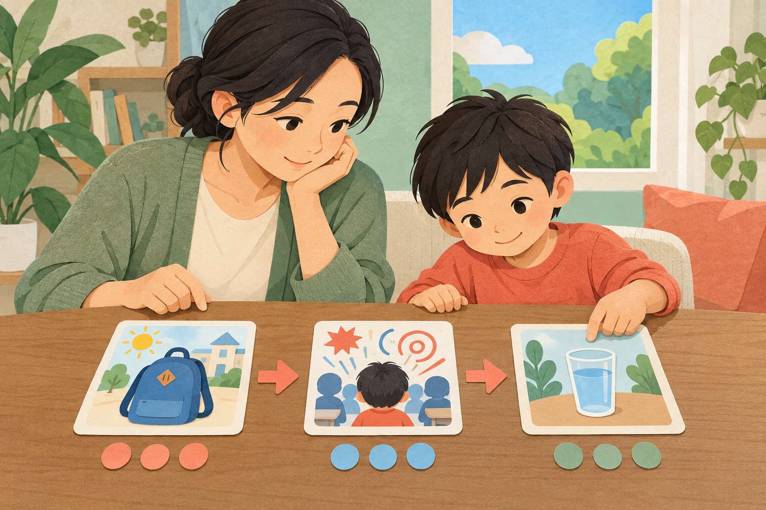 A parent and child arrange three picture cards showing what happened before, during and after a difficult moment.