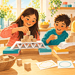 Two children and a caregiver testing a paper bridge with wooden blocks