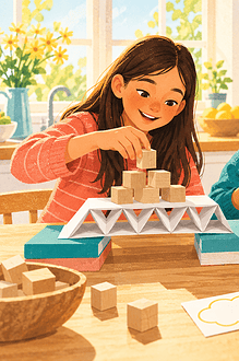 Two children and a caregiver testing a paper bridge with wooden blocks